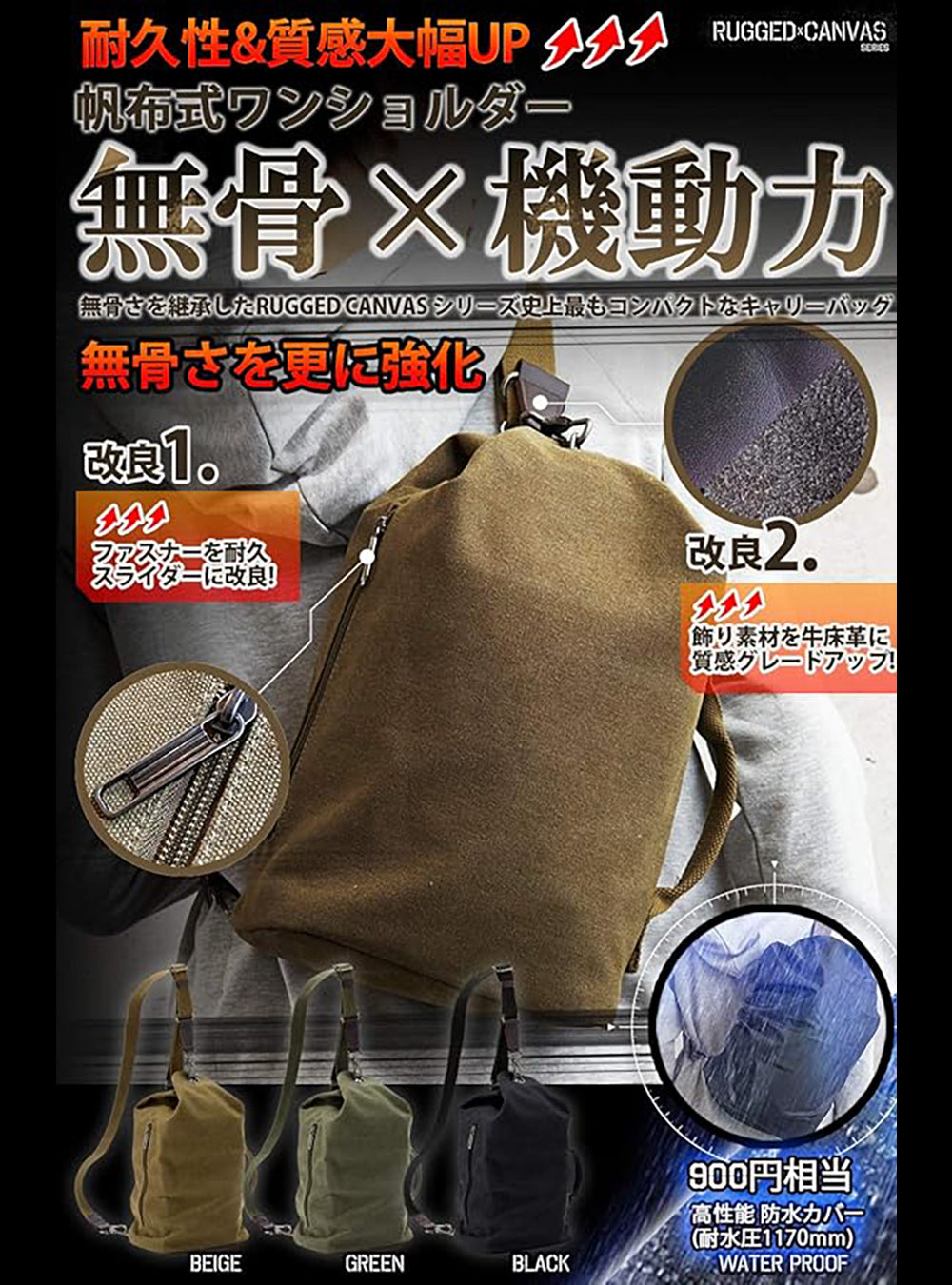 帆布ワンショルダー　斜め掛けボディーバッグ【ベージュ、ブラック、グリーン】