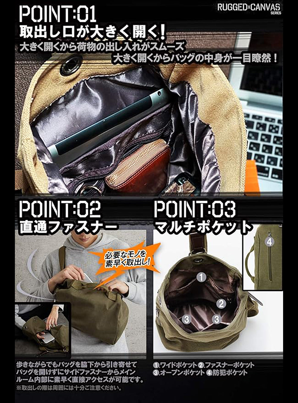 帆布ワンショルダー　斜め掛けボディーバッグ【ベージュ、ブラック、グリーン】