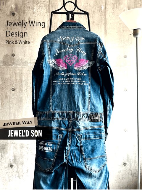 冷感ストレッデニムツナギ【Jewelry Wingデザイン】Pink & White